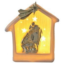 Natività e capanna in porcellana con luce cm 15,5x9,2x18,2 h