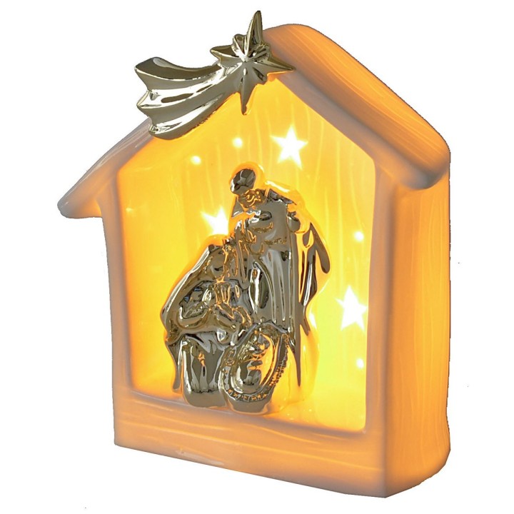 Natividad y establo de porcelana con luz de 15,5x9,2x18,2 cm h