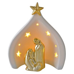 Natividad y cueva de porcelana con luz de 14x9,5x16,5 cm (alto).