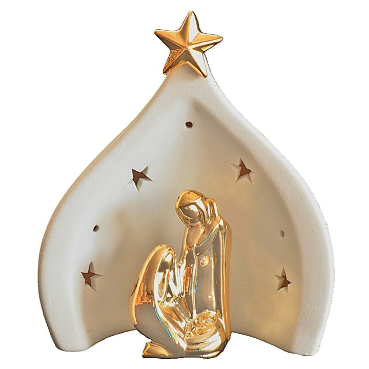 Natividad y cueva de porcelana con luz de 14x9,5x16,5 cm (alto).
