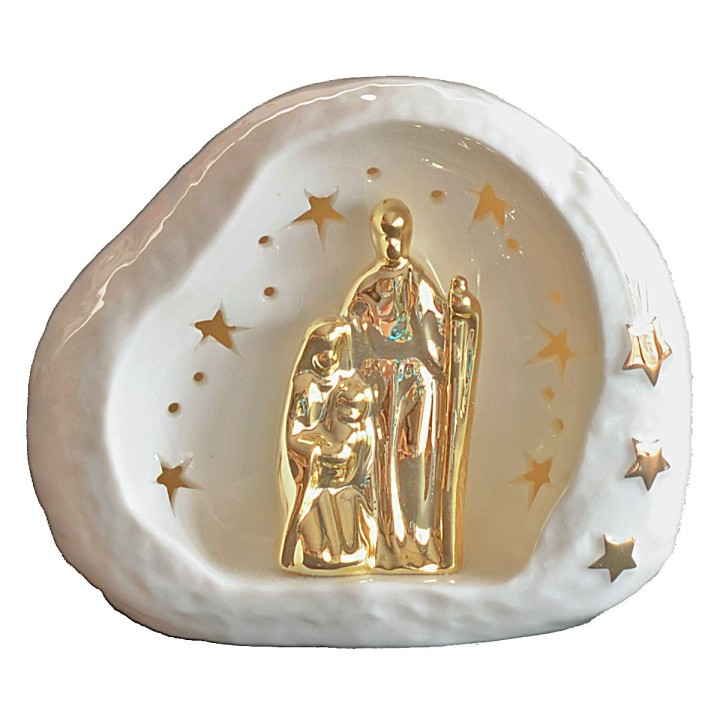 Porcelain nativity and grotto with light cm 14x9x12 h