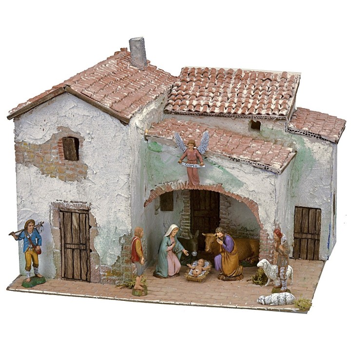 Borgo stuccato illuminato completo di statuine cm 40x30x31 h