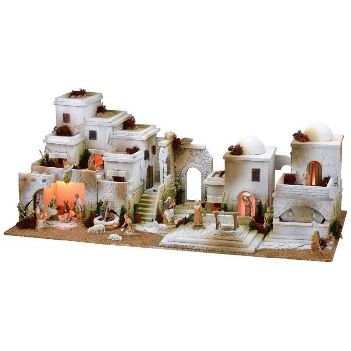 Arab nativity scene with lights, double-tap fountain, and fire