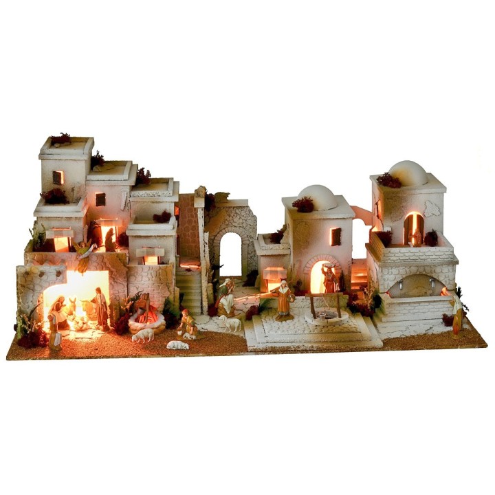 Pesebre árabe con luces, fuente de doble grifo y fuego