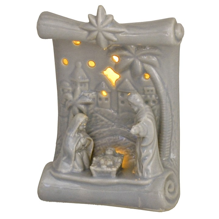 Natividad y pergamino de porcelana con luz de 10x6,5x14 cm h.