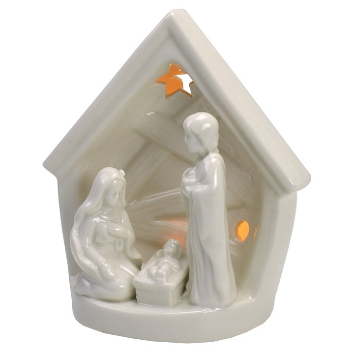 Nativity and hut in porcelain with light cm 14x9,2x16 h