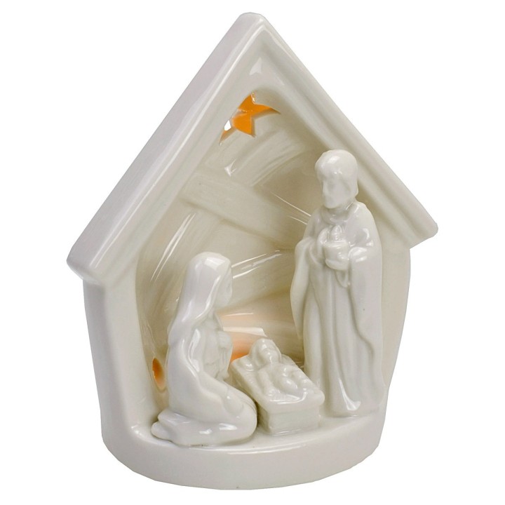 Nativity and hut in porcelain with light cm 14x9,2x16 h