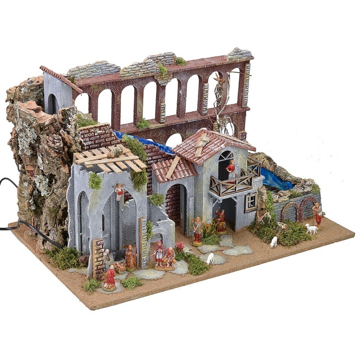 Nativity scene with functioning aqueduct, waterfall and fire