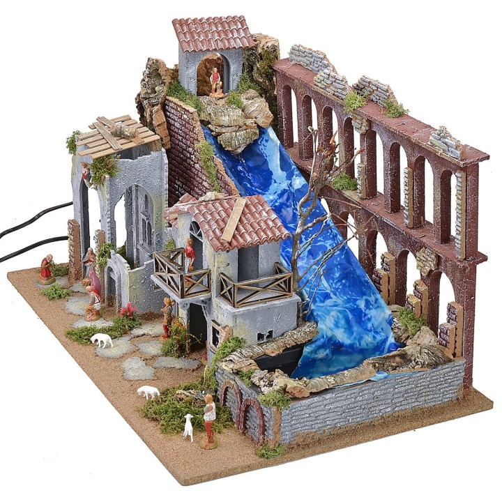 Nativity scene with functioning aqueduct, waterfall and fire