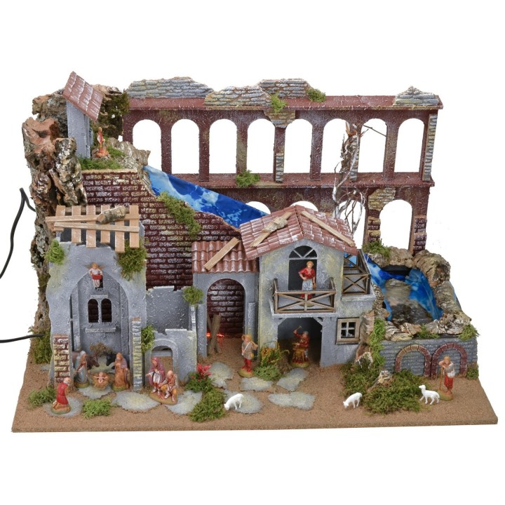 Nativity scene with functioning aqueduct, waterfall and fire