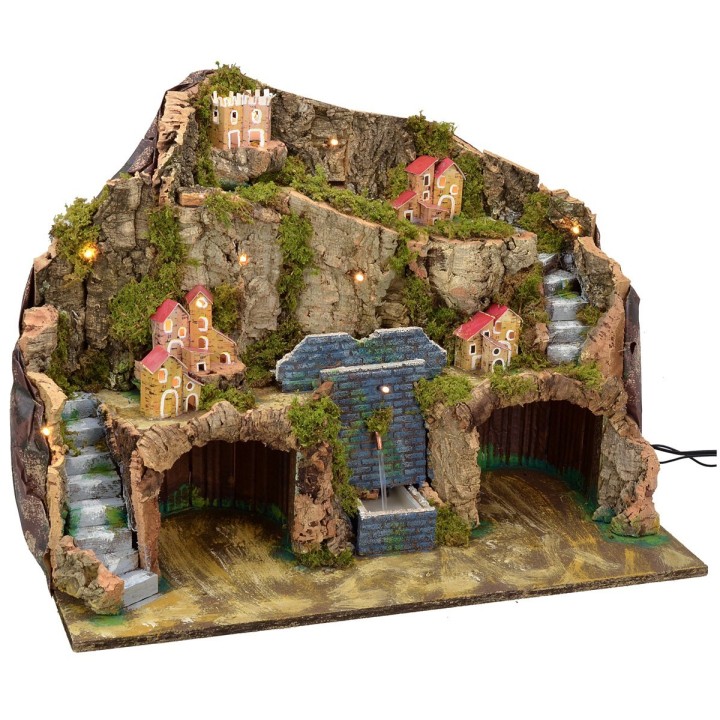 Pesebre iluminado con fuente funcional y cueva para estatuas