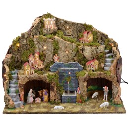 Pesebre iluminado con fuente funcional y cueva completo de