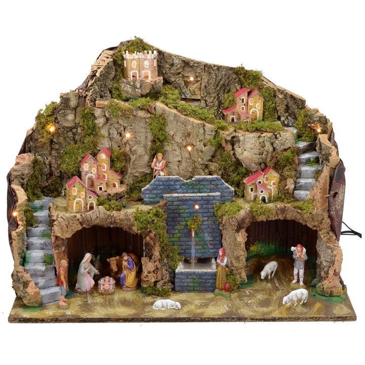 Pesebre iluminado con fuente funcional y cueva completo de