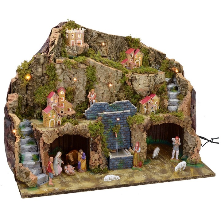 Pesebre iluminado con fuente funcional y cueva completo de