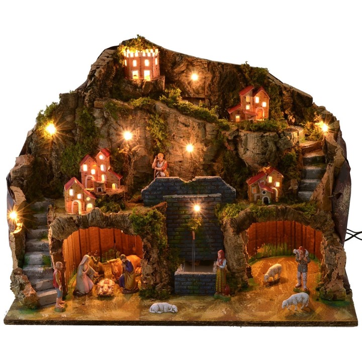 Pesebre iluminado con fuente funcional y cueva completo de