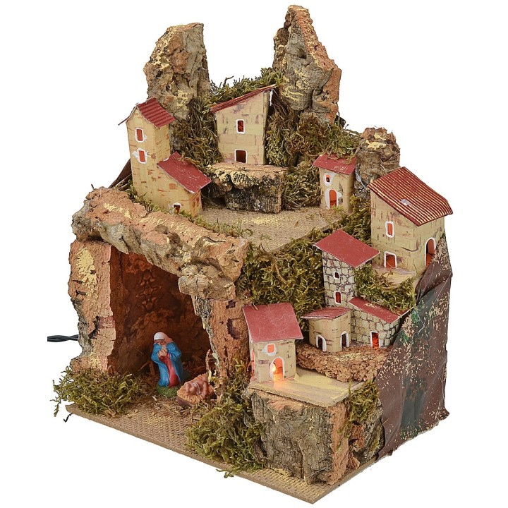 Belén iluminado con paisaje y cueva completa de Natividad