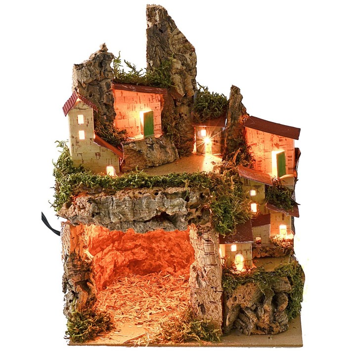 Belén iluminado con paisaje y cueva cm 20x14x25 h