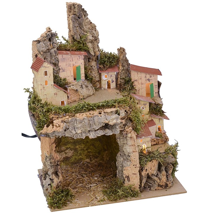 Belén iluminado con paisaje y cueva cm 20x14x25 h