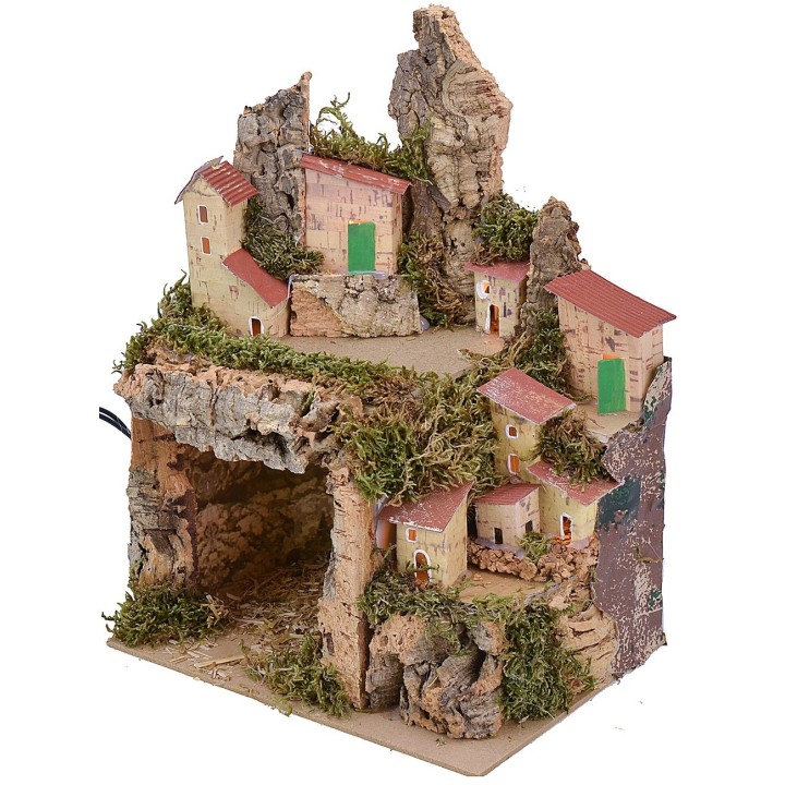 Belén iluminado con paisaje y cueva cm 20x14x25 h