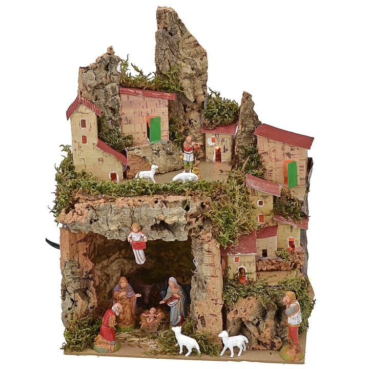 Presepe illuminato con grotta completa di Natività Landi