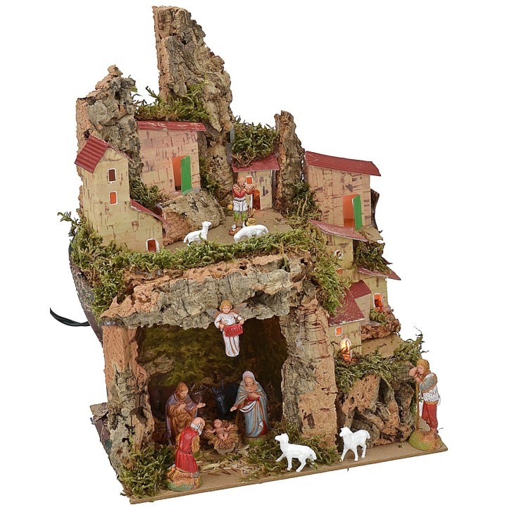 Illuminated nativity scene with grotto complete with Landi Nativity