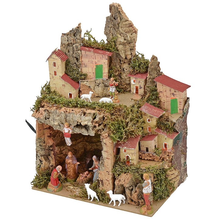 Pesebre iluminado con cueva completa de Natividad Landi