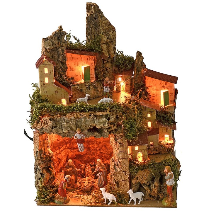 Presepe illuminato con grotta completa di Natività Landi