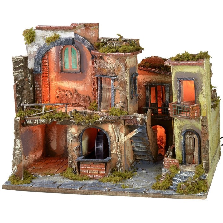 Presepe con borgo illuminato, forno e fontana funzionanti cm