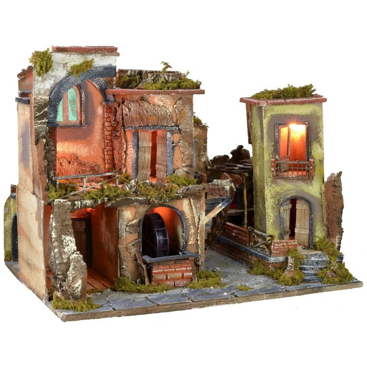 Presepe con borgo illuminato, forno e fontana funzionanti cm