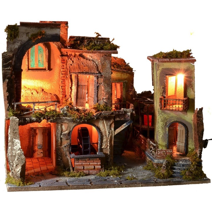 Presepe con borgo illuminato, forno e fontana funzionanti cm