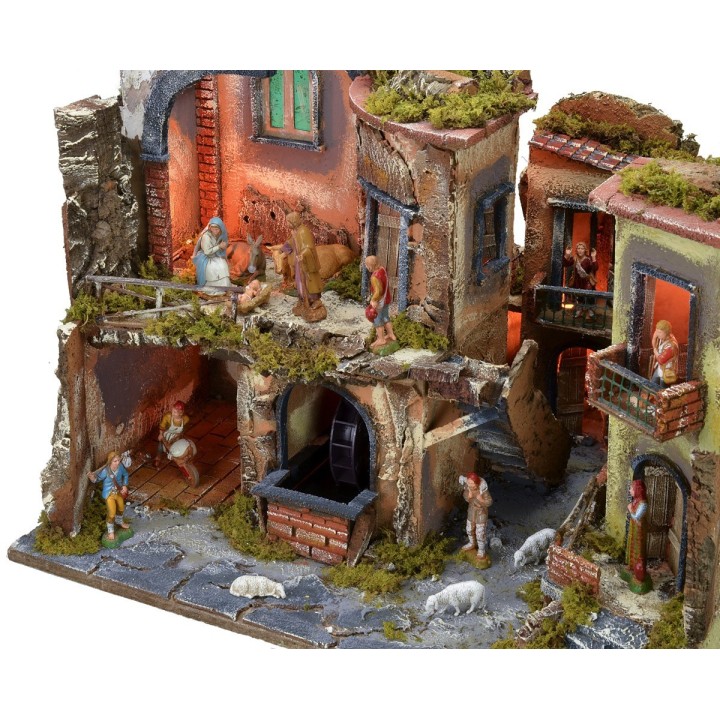 Belén completo con estatuas y pueblo iluminado, horno y