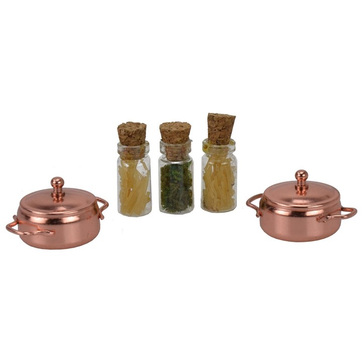 Set 3 vasetti con spezie e 2 pentole miniature presepe