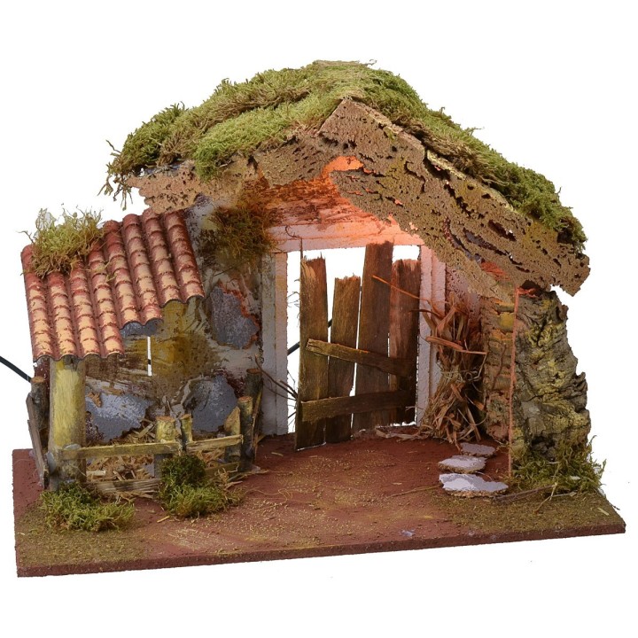 Cabaña para belén iluminada con recinto de 50x36x36 cm h