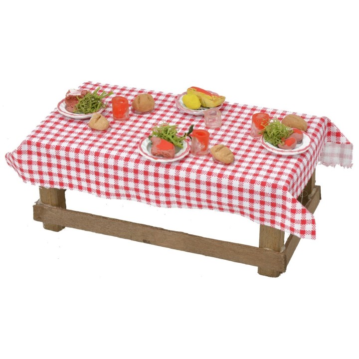 Wooden table with tablecloth and dishes cm 16.5x7x6.5 h