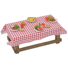 Mesa de madera con mantel y platos cm 16,5x7x6,5 h