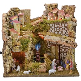 Borgo iluminado completo de estatuas Landi con molino de agua