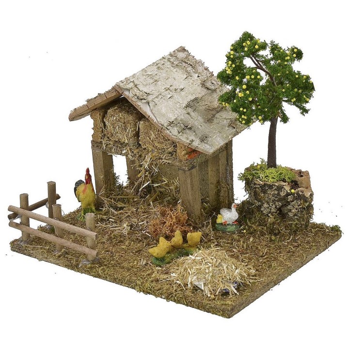 Fienile con pollaio e galline con pulcini cm 19x15x16 h