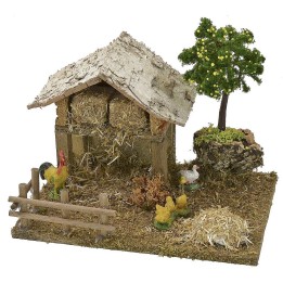Granero con gallinero y gallinas con pollitos de 19x15x16 cm h