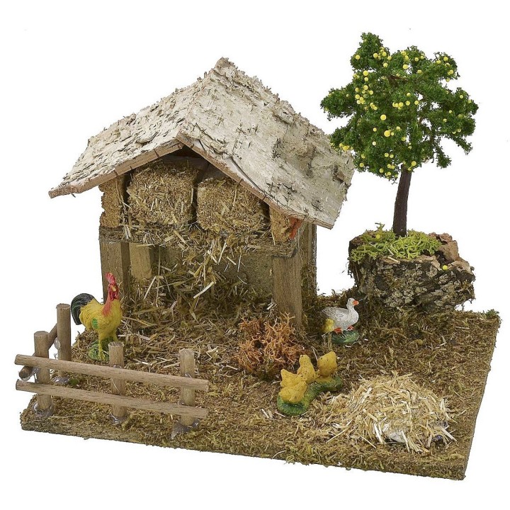 Granero con gallinero y gallinas con pollitos de 19x15x16 cm h