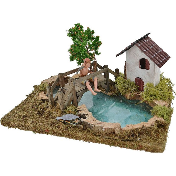 Laghetto con effetto profondità pescatore Landi, albero e casa