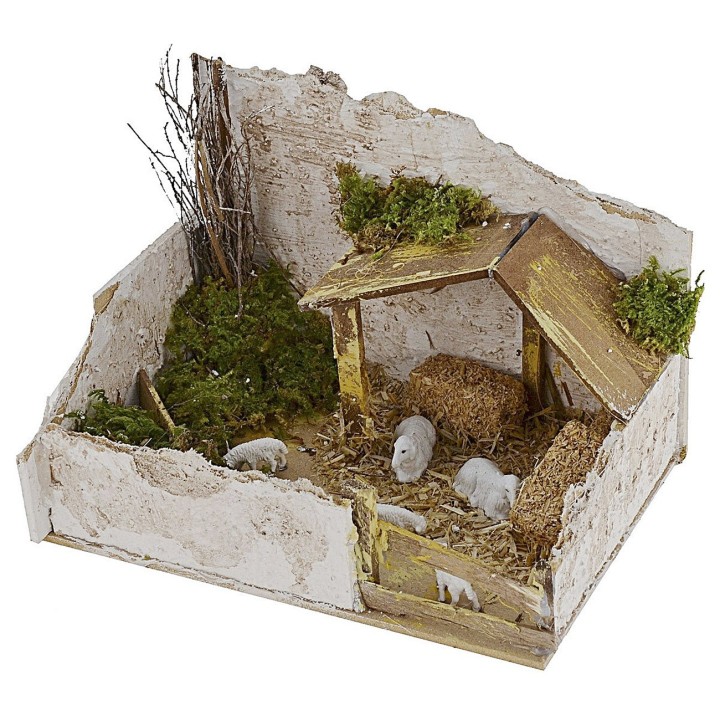 Establo para belén completo con ovejas de 20x14x13,5 cm h