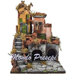 Nativity scene with illuminated village and mill 30x30x40 h.