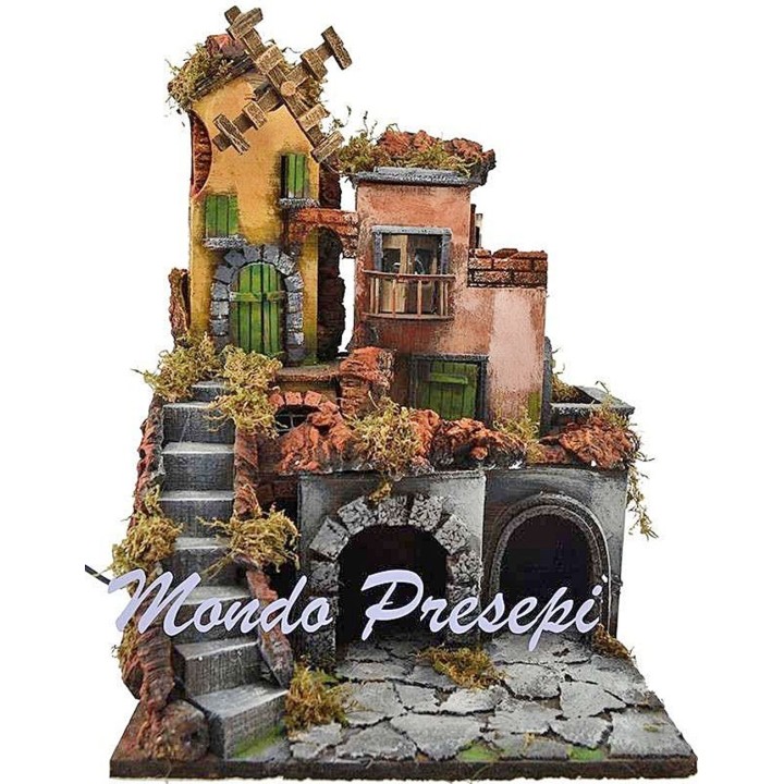 Presepe con borgo illuminato e mulino 30x30x40 h.