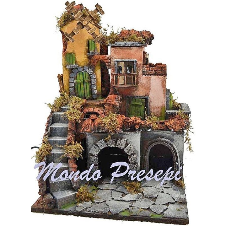 Pesebre con pueblo iluminado y molino 30x30x40 h.