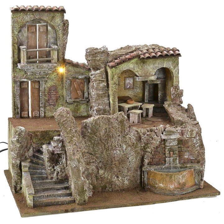 Borgo illuminato con casa, osteria e fontana funzionante cm