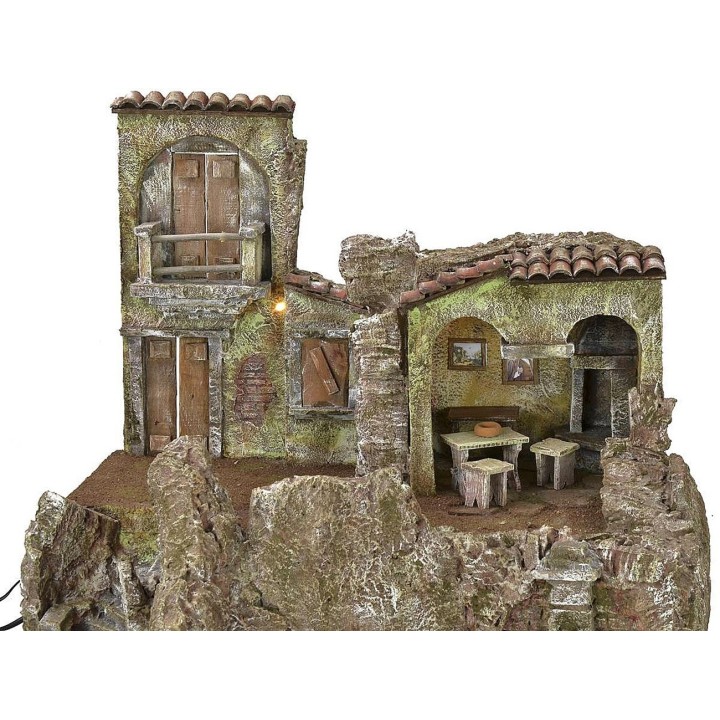 Borgo illuminato con casa, osteria e fontana funzionante cm