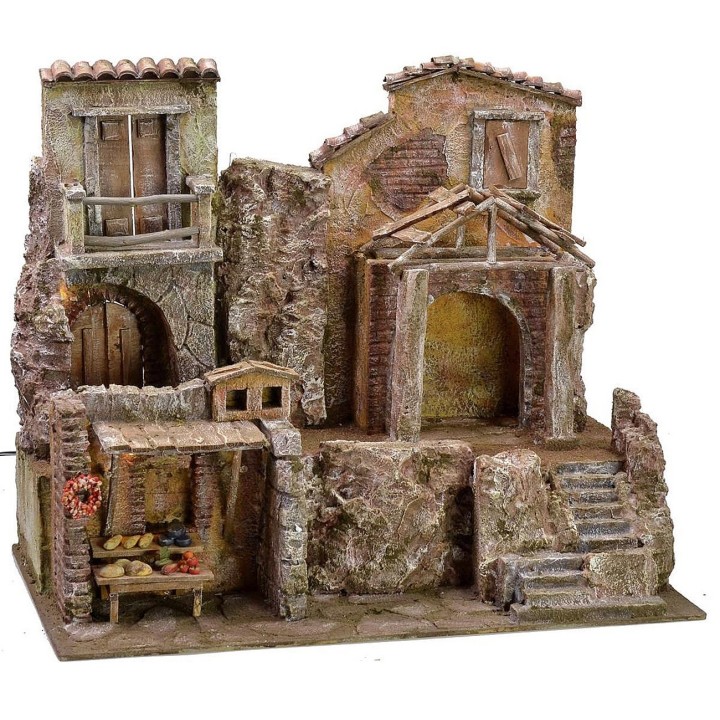 Borgo illuminato con case e botteghe cm 50x30x41 h
