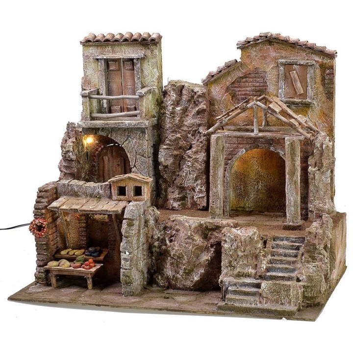 Borgo illuminato con case e botteghe cm 50x30x41 h