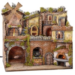Borgo napoletano illuminato con forno, mulino a vento e cascata