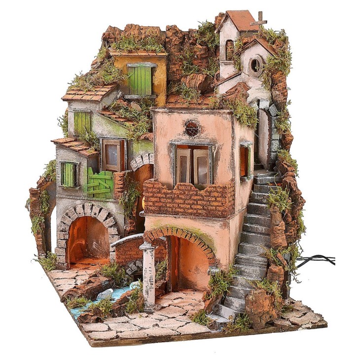 Neapolitan village illuminated with 18th-century style mill cm 60x40.5x64